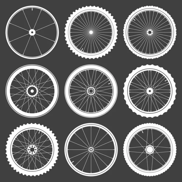 White bicycle wheel symbols collection. Bike rubber tyre silhouettes. Fitness cycle, road and mountain bike. Vector illustration. — Stock Vector
