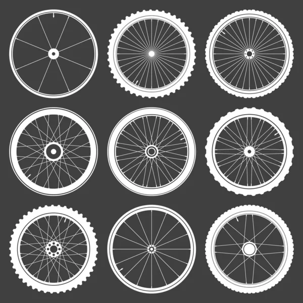 흰 자전거 바퀴 상징 수집 품. 고무 타이어 실루엣. 건강 주기, 도로 및 산악 자전거. 벡터 일러스트. — 스톡 벡터