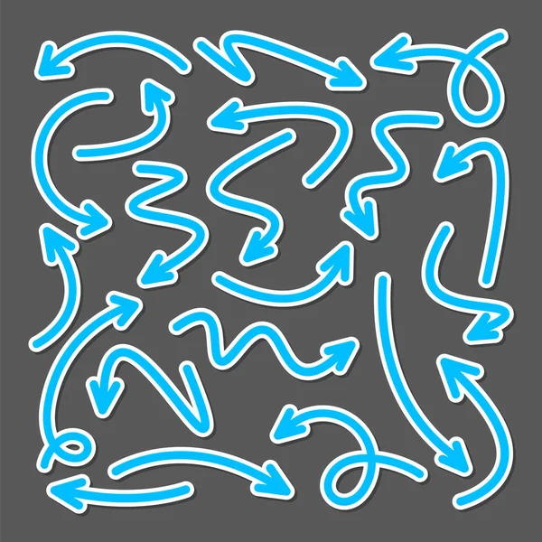 Autocollants flèches dessinés à la main colorés ensemble. Collection pointeurs bleus. Flèches simples dans différentes formes. Panneaux de direction. Illustration vectorielle. — Image vectorielle