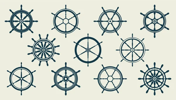 Coleção de volantes vintage. Navio, iate símbolo roda retro. Ícone de leme náutico. Elemento de design marinho. Ilustração vetorial —  Vetores de Stock