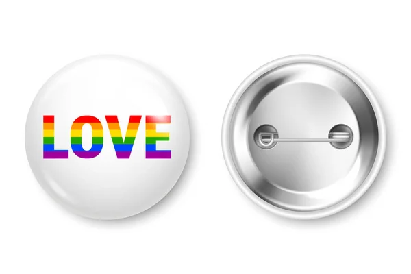 Realistische witte badge met LGBTQ regenboogvlag. Lesbisch, homo, biseksueel, transgender liefdessymbool, trots maand. 3D glanzende ronde knop. Pin badge model. Vectorillustratie — Stockvector