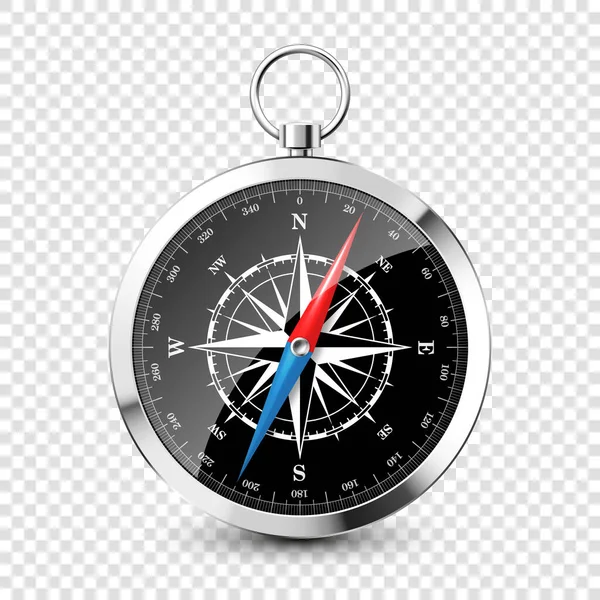 Realistický stříbrný retro kompas s mořskou větrnou růžicí a kardinálními směry severu, východu, jihu a západu. Lesklý kovový navigační kompas. Kartografie a navigace. Vektorová ilustrace. — Stockový vektor
