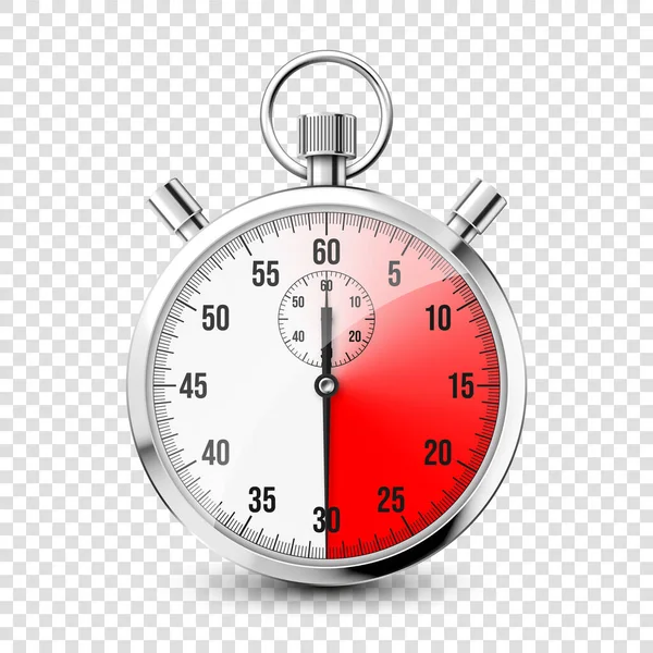 Realistic classic stopwatch icon. Shiny metal chronometer, time counter with dial. Red countdown timer showing minutes and seconds. Time measurement for sport, start and finish. Vector illustration — 图库矢量图片