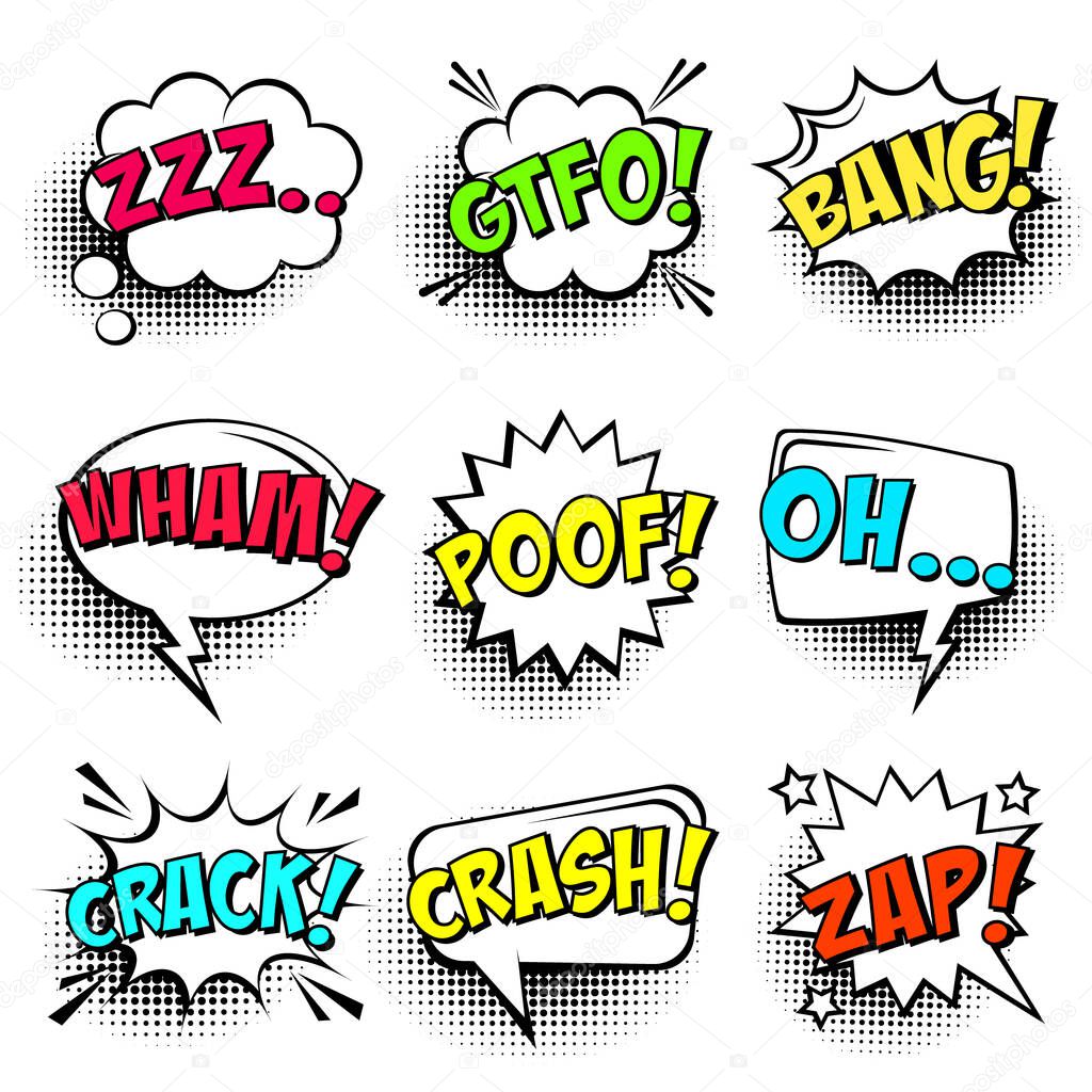 Comic speech bubbles with halftone shadows and colorful text isolated on white background. Hand drawn retro cartoon stickers. Pop art style. Vector illustration.