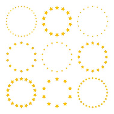 Çemberde çeşitli boyutlarda yıldızlar var. Yuvarlak çerçeve, sınır. Sarı yıldız şekli, basit bir sembol. Tasarım elemanı, süs. Vektör illüstrasyonu