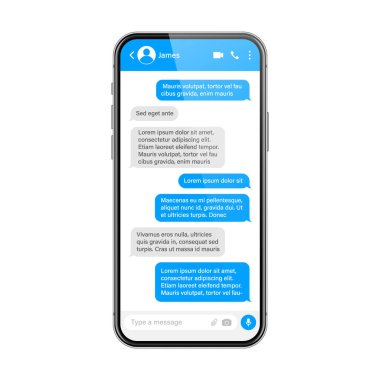 Mesajlaşma uygulaması olan gerçekçi bir akıllı telefon. SMS metin çerçevesi. Mavi ileti baloncukları ve yer tutucu metin ile sohbet ekranı. Sosyal medya uygulaması. Vektör illüstrasyonu.