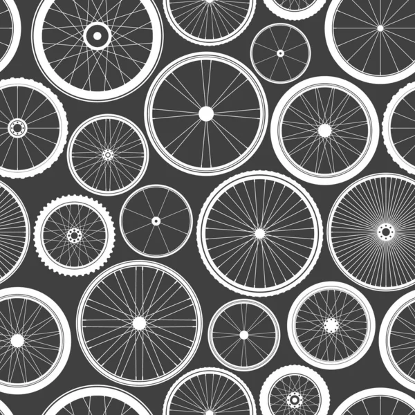 Modèle sans couture avec roues de vélo. Silhouettes de pneus en caoutchouc de vélo. Cycle de remise en forme, route et VTT. Illustration vectorielle. — Image vectorielle