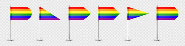 Reális különböző asztali zászlók egy króm acél rúdon. Szivárvány LMBT asztali zászló papírból vagy szövetből. Fényes fém állvány. Mockup promóció és reklám. Vektorillusztráció — Stock Vector