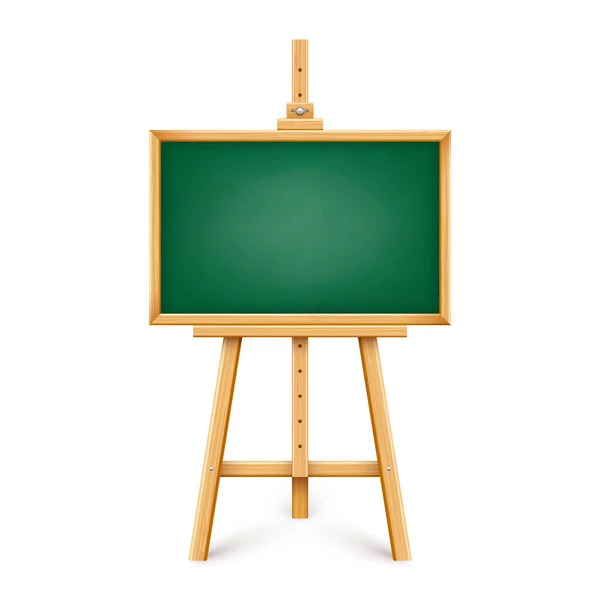 Realistic green chalkboard on wooden easel. Blank blackboard in wooden frame on a tripod. Presentation board, writing surface for text, drawing. Online studying, learning mockup. Vector illustration — Stock Vector