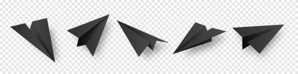 Realistyczne czarne ręcznie robione papierowe płaszczyzny izolowane na przezroczystym tle. Samolot Origami w płaskim stylu. Ilustracja wektora. — Wektor stockowy