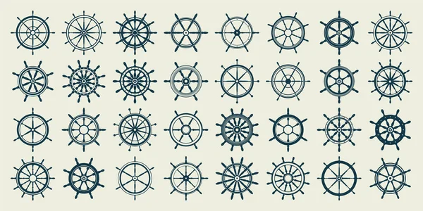 Συλλογή από vintage τιμόνι. Πλοίο, σκάφος ρετρό τροχό σύμβολο. Ναυτική εικόνα πηδαλίου. Στοιχείο θαλάσσιου σχεδιασμού. Εικονογράφηση διανύσματος — Διανυσματικό Αρχείο
