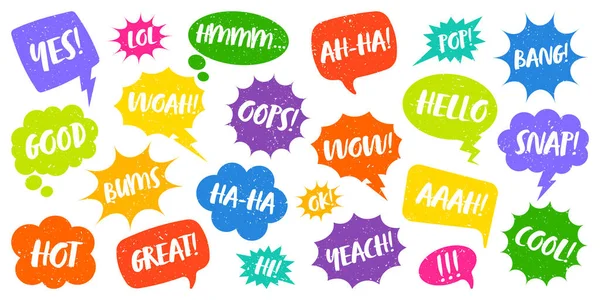 Colorful grunge comic speech bubbles with handwritten text. Hand drawn retro cartoon stickers. Chatting, message box. Vector illustration — Stock Vector