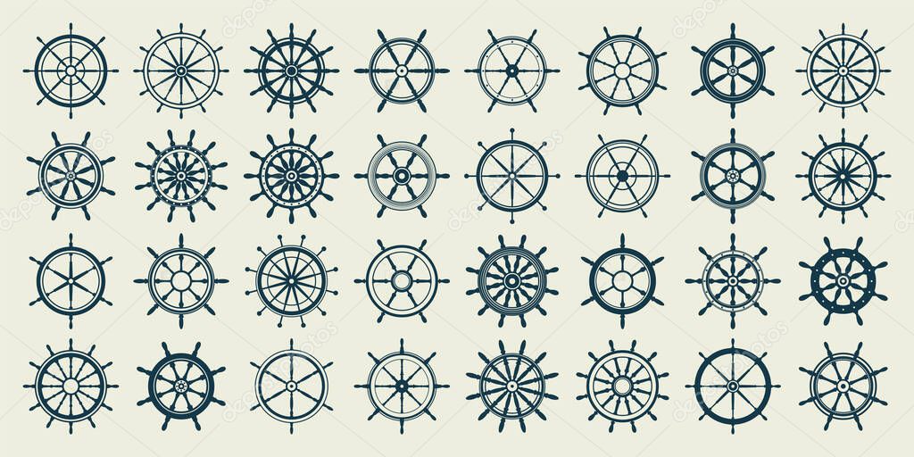Collection of vintage steering wheels. Ship, yacht retro wheel symbol. Nautical rudder icon. Marine design element. Vector illustration.