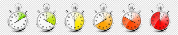 Realistic classic stopwatch icons. Shiny metal chronometer, time counter with dial. Red countdown timer showing minutes and seconds. Time measurement for sport, start and finish. Vector illustration — Stock Vector