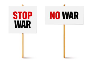 Tahta tutacağa beyaz protesto tabelası. Savaşı durdurun. Metinli gerçekçi gösteri afişi. Karton pano modellemesi grevde. Vektör illüstrasyonu