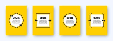 Alıntı çerçeveli modern sarı pankartlar. Tırnak işaretli konuşma baloncukları. Boş mesaj kutusu ve alıntılar. Günlük gönderim şablonu. Vektör illüstrasyonu.