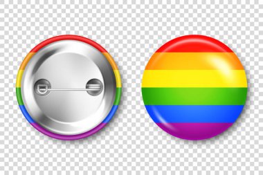 LGBTQ gökkuşağı bayraklı gerçekçi bir rozet. Lezbiyen, gey, biseksüel, transseksüel aşk sembolü, gurur ayı. Üç boyutlu parlak yuvarlak düğme. Rozet modeli. Vektör illüstrasyonu