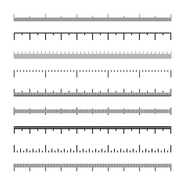 Varie scale di misura con divisioni. Scala realistica per misurare la lunghezza o l'altezza in centimetri, millimetri o pollici. righello, segni di misurazione del nastro, indicatori di dimensione. Illustrazione vettoriale — Vettoriale Stock