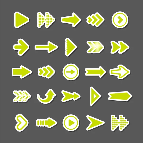 Autocollants flèches colorées ensemble. Icônes de curseur vert, collection de pointeurs. Flèches simples dans différentes formes. Ensuite, les panneaux arrière. Illustration vectorielle. — Image vectorielle