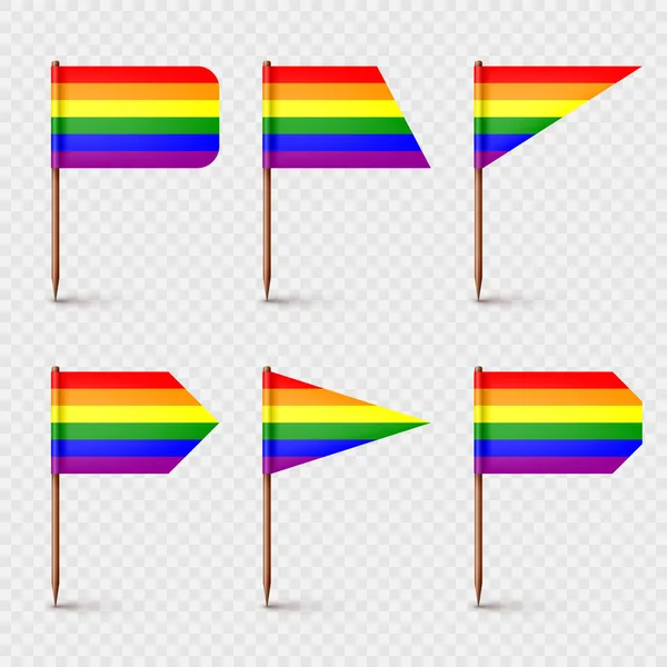 Banderas realistas de varios palillos de dientes. mondadientes de madera con bandera de papel arco iris LGBTQ. maqueta en blanco para publicidad y promociones. El mes del orgullo. Ilustración vectorial — Vector de stock