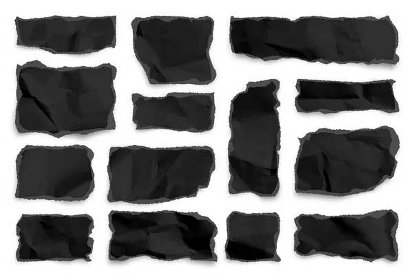 Tiras de papel rasgado negro sobre fondo blanco. Desechos de papel arrugados realistas con bordes rotos. Trozos de páginas de cuadernos. Ilustración vectorial — Vector de stock