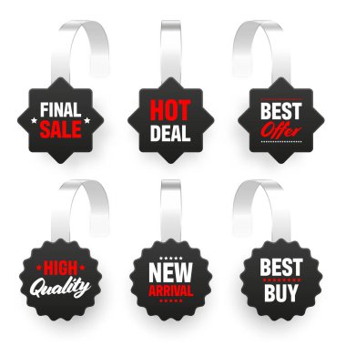 Süpermarket tanıtım sallantıları beyaz arka planda izole edilmiş. Rafların reklamını yapmak için gerçekçi bir şablon. Reklam metniyle indirimli veya indirimli etiket. Özel fiyat etiketi. Vektör illüstrasyonu.