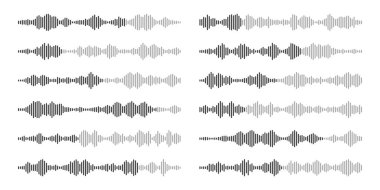 Sesli mesaj, posta. Sosyal medya sohbeti. Mesajlaşma uygulaması, müzik çalar, ses veya video düzenleyici arayüzü ögesi. Ses asistanı, kayıt cihazı. Ses dalgaları. Vektör illüstrasyonu