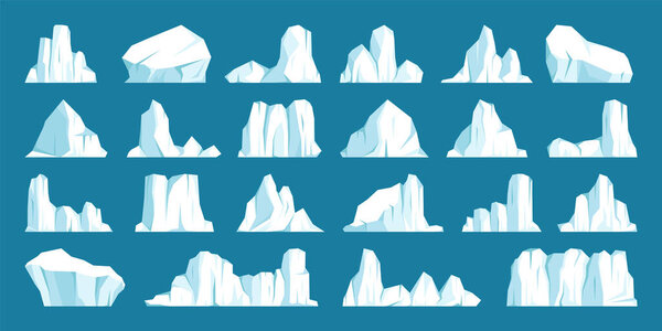 Floating icebergs collection. Drifting arctic glacier, block of frozen ocean water. Icy mountains with snow. Melting ice peak. Antarctic snowy landscape. South and North Pole. Vector illustration.