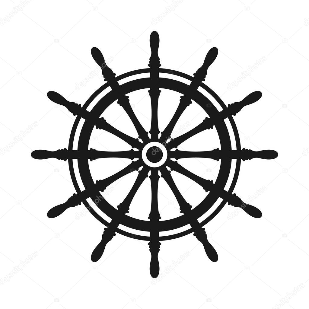 Vintage steering wheel. Ship, yacht retro wheel symbol. Nautical rudder icon. Marine design element. Vector illustration.