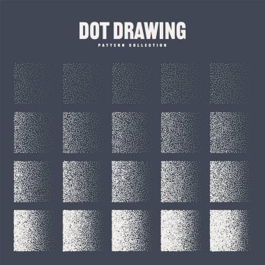 Kare şeklinde noktalı nesneler, noktalı elementler. Noktalama, noktalama çizimi, noktalar kullanarak gölgeleme. Piksel ayrışması, yarım ton etkisi. Beyaz gürültü tanecikli doku. Gittikçe azalıyor. Vektör illüstrasyonu