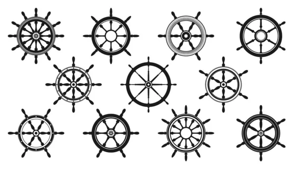 Vintage kormánykerekek gyűjteménye. Hajó, jacht retro kerék szimbólum. Hajózási kormánymű ikonja. Tengerészeti tervezési elem. Vektorillusztráció — Stock Vector