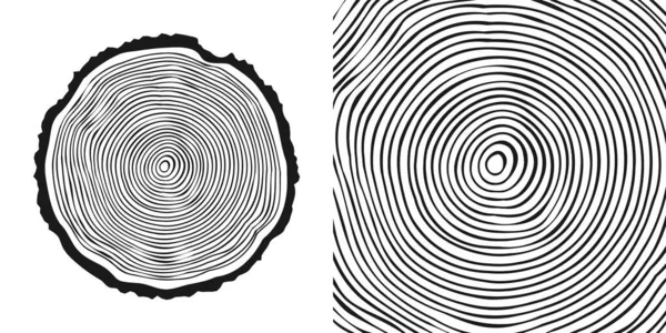 둥근 나무줄기를 자르거나, 톱질 한 소나무나 오크 조각을 자른다. 벌목 된 목재와 나무를 봤어. 나무 고리가 달린 목재 질감. 손으로 그린 스케치. 벡터 일러스트 — 스톡 벡터
