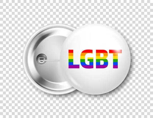 Reális fehér jelvény LMBTQ szivárvány zászlóval. Leszbikus, meleg, biszexuális, transznemű szerelem szimbólum, büszke hónap. 3D fényes kerek gomb. Pin jelvény mockup. Vektorillusztráció — Stock Vector