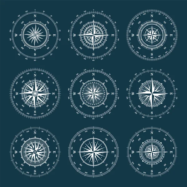 Vintage marine wind rose, nautical chart. Monochrome navigational compass with cardinal directions of North, East, South, West and degree markings. Geographical position, cartography and navigation. — Stock Vector