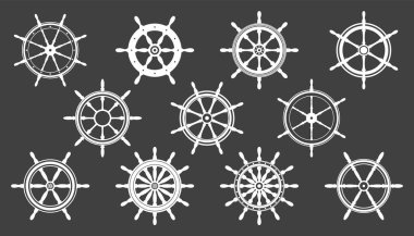 Beyaz vintage direksiyon koleksiyonu. Gemi, yat retro tekerlek sembolü. Denizci dümeni simgesi. Deniz tasarım elemanı. Vektör illüstrasyonu