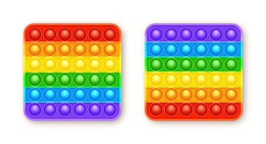 Renkli silikon anti-stres oyuncağı beyaz arka planda izole edilmiş. Çocuklar için moda bir duyusal oyun. Gökkuşağı, parlak renkli patlamış baloncuklu hareketli oyuncağı itin. Vektör illüstrasyonu