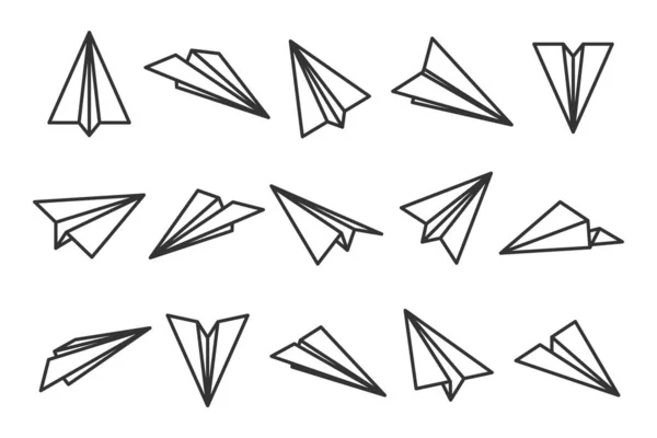 さまざまな手描きの紙飛行機。黒い飛行機だ。航空機のアイコン、シンプルなモノクロームの平面シルエット。概要、ラインアート。ベクターイラスト. — ストックベクタ