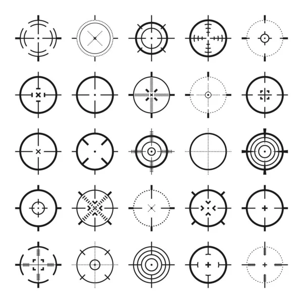 Crosshair, silah görüş vektör simgeleri. Tam isabet, siyah hedef ya da nişan sembolü. Askeri tüfek dürbünü, işaret fişeği. Nişan alıyorum, nişan alıyorum. Okçuluk, avcılık ve spor atıcılığı. Oyun UI ögesi.