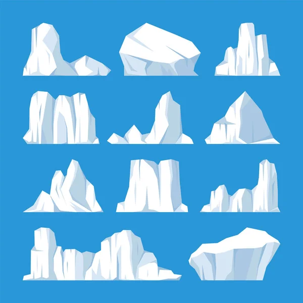 Colección de icebergs flotantes. Glaciar ártico a la deriva, bloque de agua congelada del océano. Montañas heladas con nieve. Derretimiento del pico de hielo. Paisaje nevado antártico. Polo Sur y Polo Norte. Ilustración vectorial. — Archivo Imágenes Vectoriales