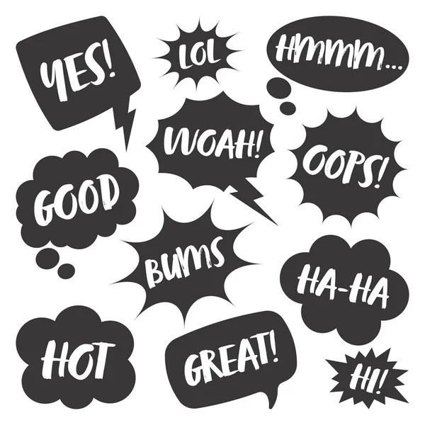 Black comic speech bubbles with handwritten text isolated on white background. Hand drawn retro cartoon stickers. Pop art style. Vector illustration — Stock Vector