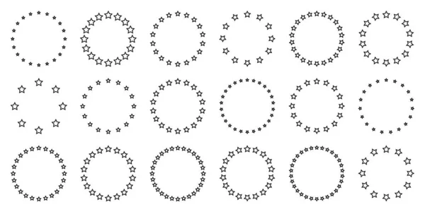 Stjärnor i olika storlekar arrangerade i en cirkel. Rund ram, gräns. Svart stjärna kontur, enkel symbol. Designelement, prydnad. Linjekonst. Vektorillustration — Stock vektor