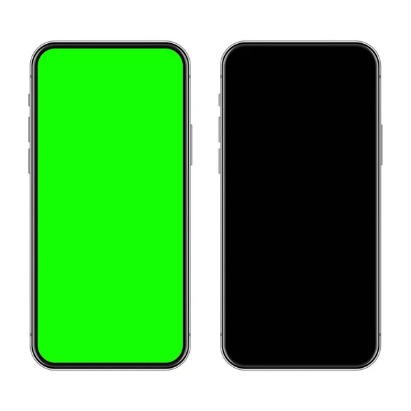 Реалистичный смартфон с чистым сенсорным экраном и зеленым цветовым фоном. Бескадровый мобильный телефон перед входом. Высококачественный детальный макет устройства. Шаблон фона экрана. Векторная иллюстрация. — стоковый вектор