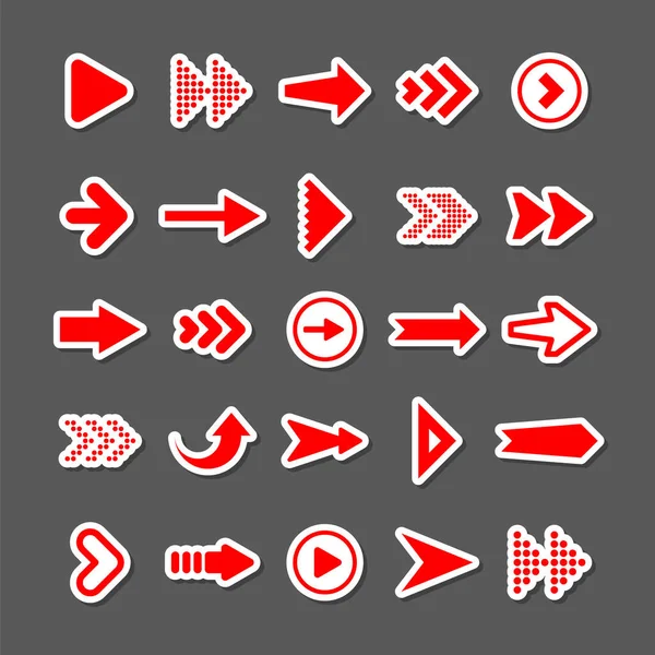 Kleurrijke pijlstickers ingesteld. Rode cursor pictogrammen, wijzers collectie. Eenvoudige pijlen in verschillende vormen. Vervolgens, achterste webtekens. Vectorillustratie. — Stockvector