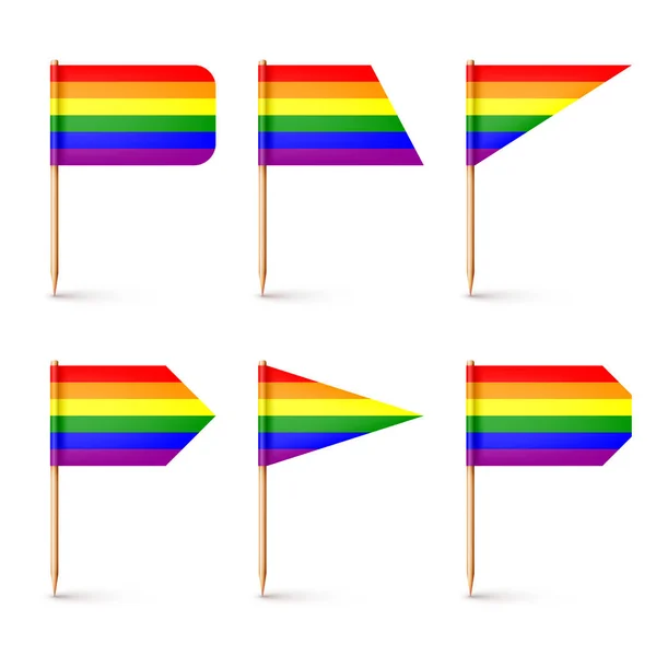 Banderas realistas de varios palillos de dientes. mondadientes de madera con bandera de papel arco iris LGBTQ. maqueta en blanco para publicidad y promociones. El mes del orgullo. Ilustración vectorial — Vector de stock