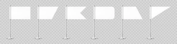 Berbagai bendera meja yang realistis pada tiang baja krom. Bendera meja putih kosong yang terbuat dari kertas atau kain. Berkilau berdiri logam. Mockup untuk promosi dan iklan. Ilustrasi vektor - Stok Vektor