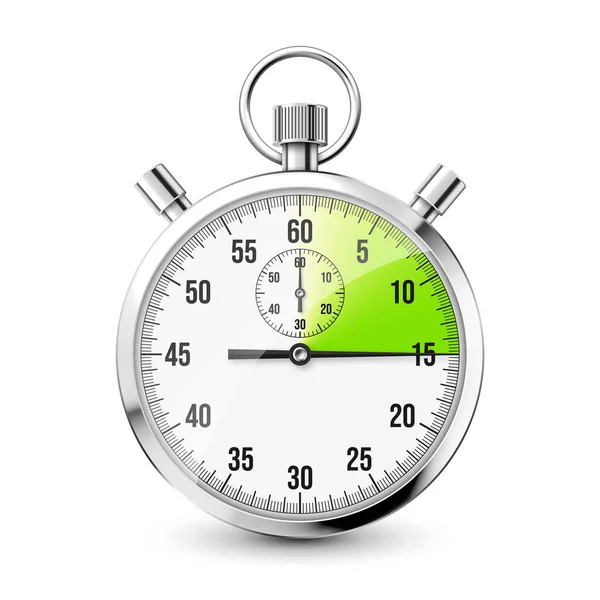 Realistic classic stopwatch icon. Shiny metal chronometer, time counter with dial. Green countdown timer showing minutes and seconds. Time measurement for sport, start and finish. Vector illustration — Stock Vector