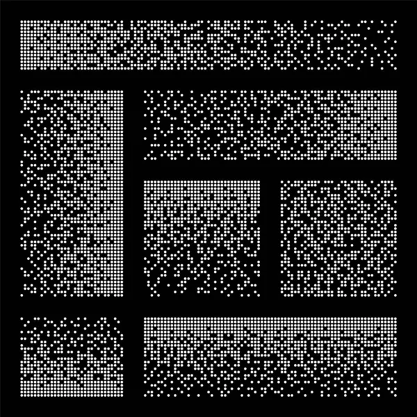 Pixelupplösning, sönderfallseffekt. Olika rektangulära element tillverkade av runda former. Spridda prickiga mönster. Mosaik struktur med enkla partiklar. Vektorillustration. — Stock vektor
