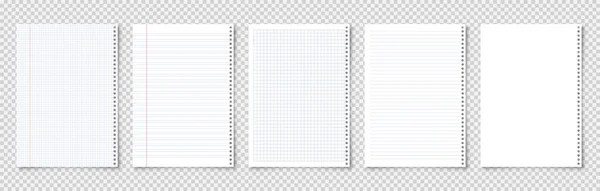 Realistische linierte Papierbögen im DIN-A4-Format auf transparentem Hintergrund. Notizbuch, Dokument. Design-Vorlage oder Attrappe. Vektorillustration. — Stockvektor