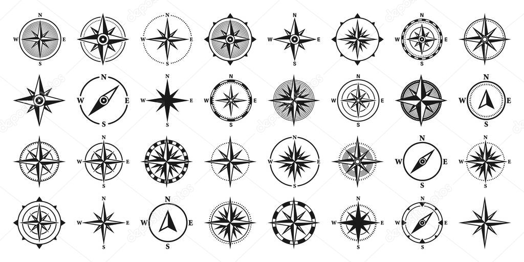 Vintage marine wind rose, nautical chart. Monochrome navigational compass with cardinal directions of North, East, South, West. Geographical position, cartography and navigation. Vector illustration.