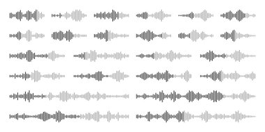 Sesli mesaj, posta. Sosyal medya sohbeti. Mesajlaşma uygulaması, müzik çalar, ses veya video düzenleyici arayüzü ögesi. Ses asistanı, kayıt cihazı. Ses dalgaları. Vektör illüstrasyonu